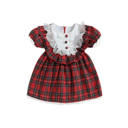 

Qtinghua Toddler Baby Girls Christmas Dress Plaids Short Sleeve Button Lace Trim Princess Party Dress Red 18-24 Months
