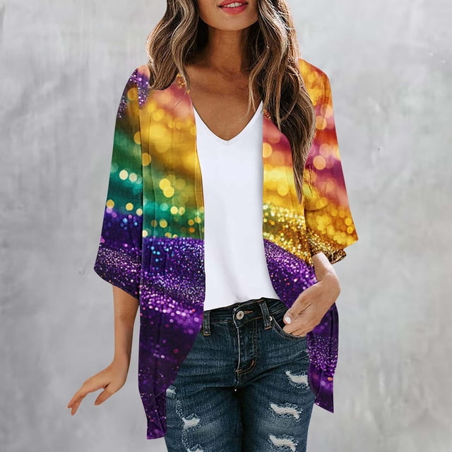 TaTaai Womens printed chiffon cardigan, 3/4 sleeves, sun-protective fabric, casual fashionable, soft lightweight, Mardi Gras outfit, ideal for daily wear & festival gatherings Gift