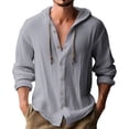 thumbnail image 4 of Camisa casual de color sólido para hombre, cárdigan de algodón y lino con capucha y cordón, camiseta de playa holgada moderna y versátil, 4 of 4