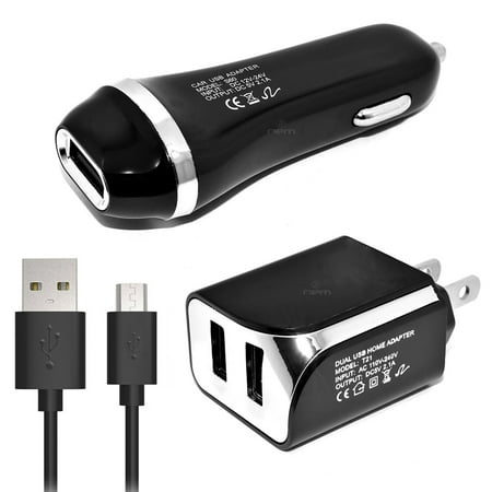Charger Set Black For Huawei Ascend XT Cell Phones [2.1 Amp USB Car Charger and Dual USB Wall Adapter with 5 Feet Micro USB Cable] 3 in 1 Accessory Kit