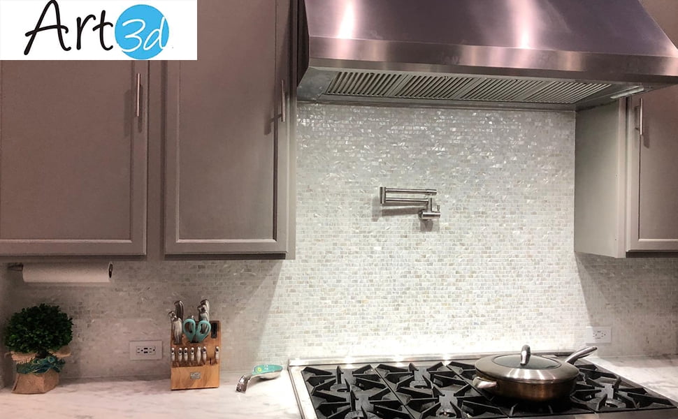Art3d (10-Pack) 12"x 12" Mother of Pearl Backsplash Tile with Seams White Opal Subway for Kitchen