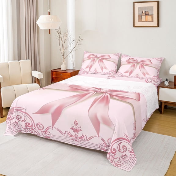 Feelyou Pink Princess Bowknot Twin Sheet Sets, Bohemian Damask Flower Twin Fitted Sheet, Western Fashion Bow Flat Sheet, Super Cozy Room Decor, 3-Piece