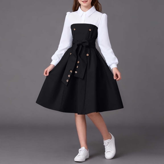 Girls Holiday Long Sleeve Dresses Round Neck Tiered Kids Party Casual Fall Dress A-line High Waist Vintage Dress for Girl Black 12-13 Years