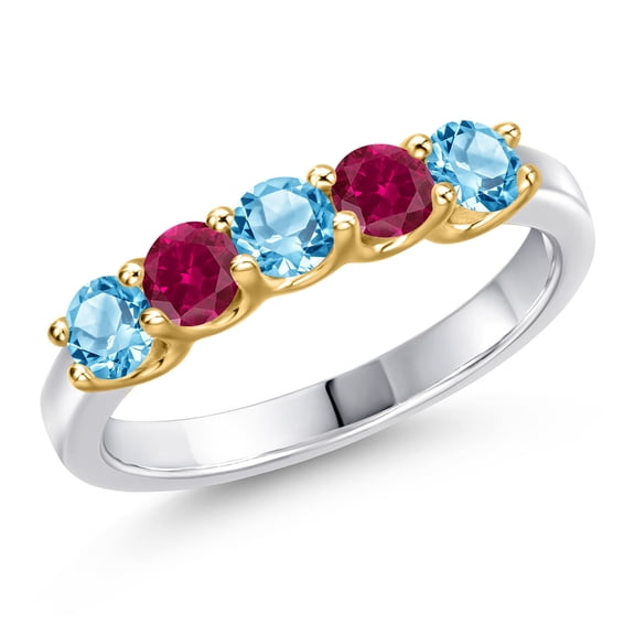 Gem Stone King 10K Two Tone Gold Swiss Blue Topaz and Red Created Ruby Wedding-Bands Ring for Women | 1.10 Cttw | Round 3.5MM | Gemstone November Birthstone | Size 5