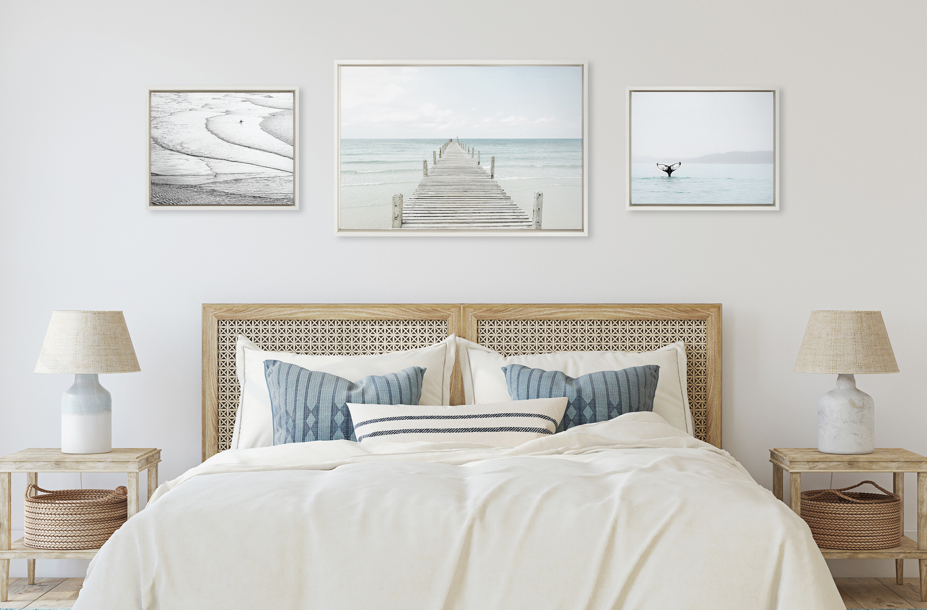 Kate and Laurel Sylvie Ocean Beach San Francisco, Whale Tail in the Mist and Wooden Pier on The Beach Framed Canvas Wall Art Set by Various Artists, Set of 3, 16x20 and 23x33 White, Coastal Art Set