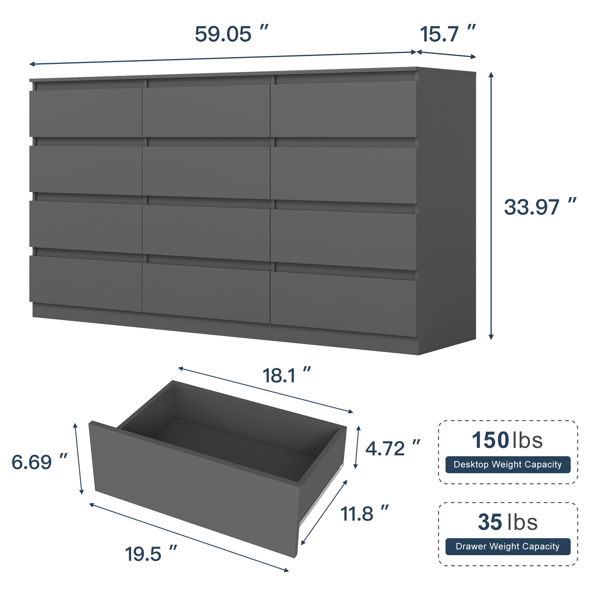 Demi Bonn 12 Drawer Double Dresser, Modern 12 Chest of Drawers with Deep Drawers, Wide Storage Organizer Cabinet for Living Room, Gray