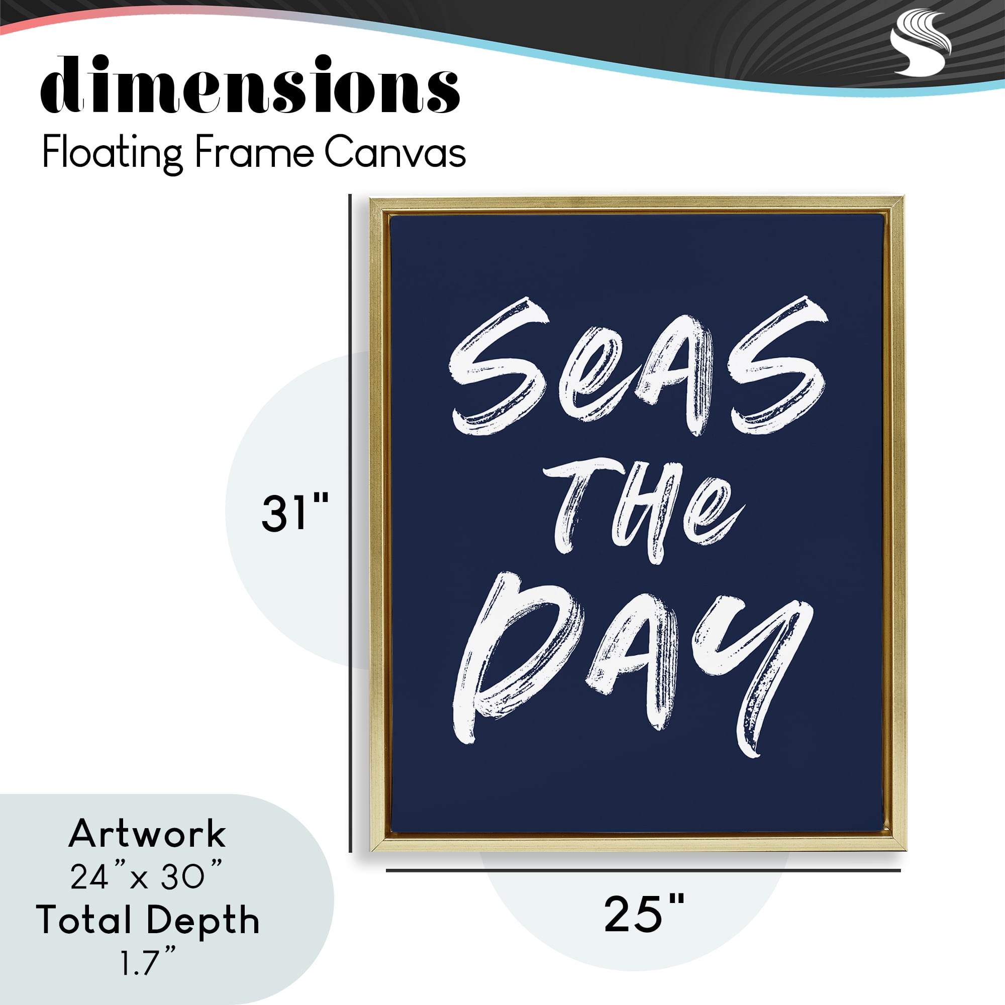 Seas The Day Sentiment Gold Framed Floater Canvas Wall Art, design by Lettered and Lined