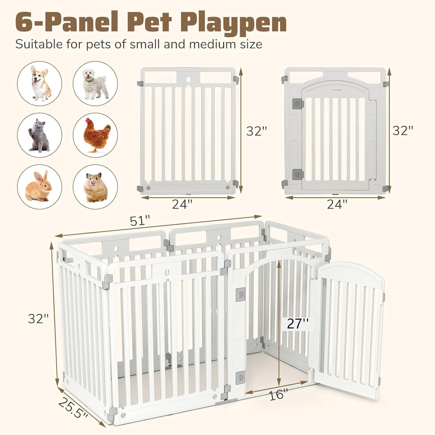 WSWJY 6 Panel Dog Playpen, 32'' Tall Plastic Pet Fence with Lockable Door, Indoor Outdoor Portable Dog Exercise Pen for Medium Dogs, Expandable & Configurable into Square or Rectangle