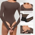 thumbnail image 3 of BLVB Women's Square Neck Long Sleeve Bodysuit Basic Tee Thong Bodysuits Soft Causal Tops, 3 of 6