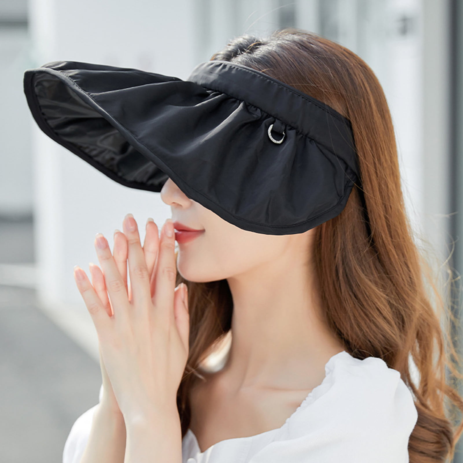 lizyue Wide Brim Empty Top Foldable Sun Hat Women Dual Use Hair Hoop Sunshade  Hat Fashion Accessories 