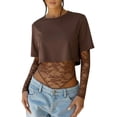thumbnail image 2 of Justaucorps Court en Dentelle Patchwork pour Femme à Manches Longues, Col Ras du Cou, en Maille Transparente, T-Shirts Courts pour Sorties et Fêtes, Brun, M, 2 of 9