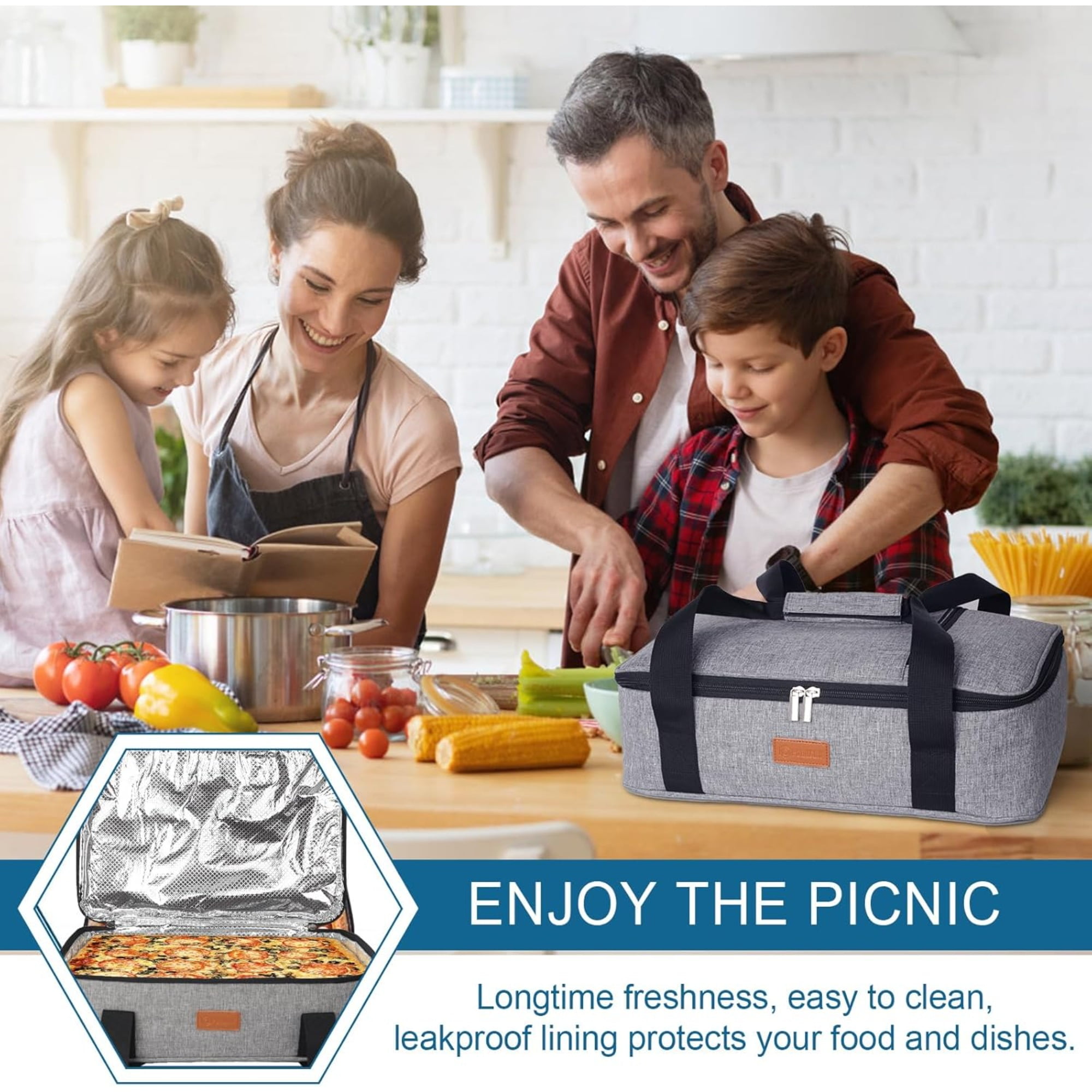 Casserole Carrier for Hot or Cold Food, Expandable Insulated Bag, Reusable Lunch Bags & Boxes, Perfect Lasagna Holder Tote for Potlucks, Picnics, Beaches, Traveling, Fits 15.7" * 11" Baking Dish,Gray