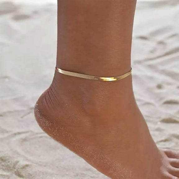 Kyazeo 18K Gold Plated Flat Snake Chain Link Ankle Bracelets for Women Herringbone Chain Anklets Waterproof Flat Snake Anklets Minimalist Foot Jewelry Gifts