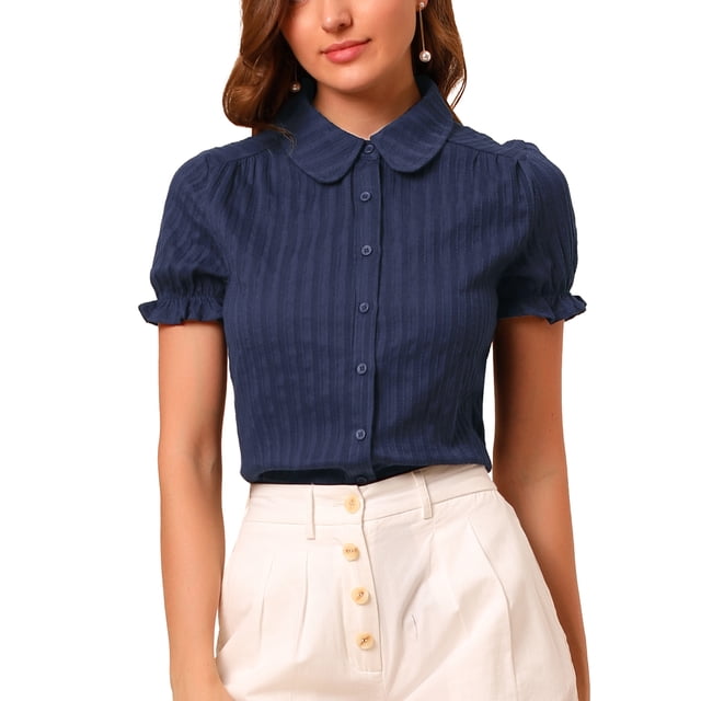 INSPIRAR CHIC Blusas de Algodón con Cuello Peter Pan y Botones Vintage para Mujeres Chic Azul Oscuro 2XL