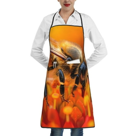

Lukts Honeybee On Vibrant Flower Pattern Kitchen Apron Waterdrop Resistant Apron with adjustable Aprons for Women and Men with Pockets Cooking Apron