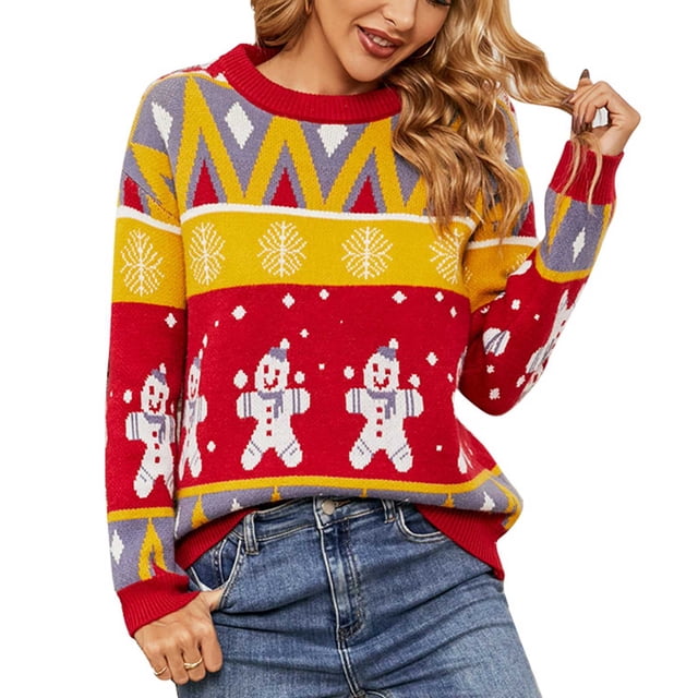 Mujeres Navidad suéter ricos colores vivos crewneck figurado patrón mujeres knit Top para viajes de vacaciones Oficina rojo l