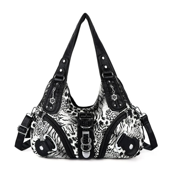 Bolso de mano Angelkiss de piel lavada para mujer, color negro-leopardo
