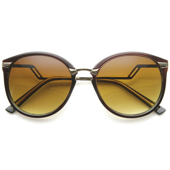sunglassLA Unisex Womens Fashion Lightning Stepped Zigzag Temple Round Cat Eye Sunglasses (Brown-Gold / Amber) - 56mm