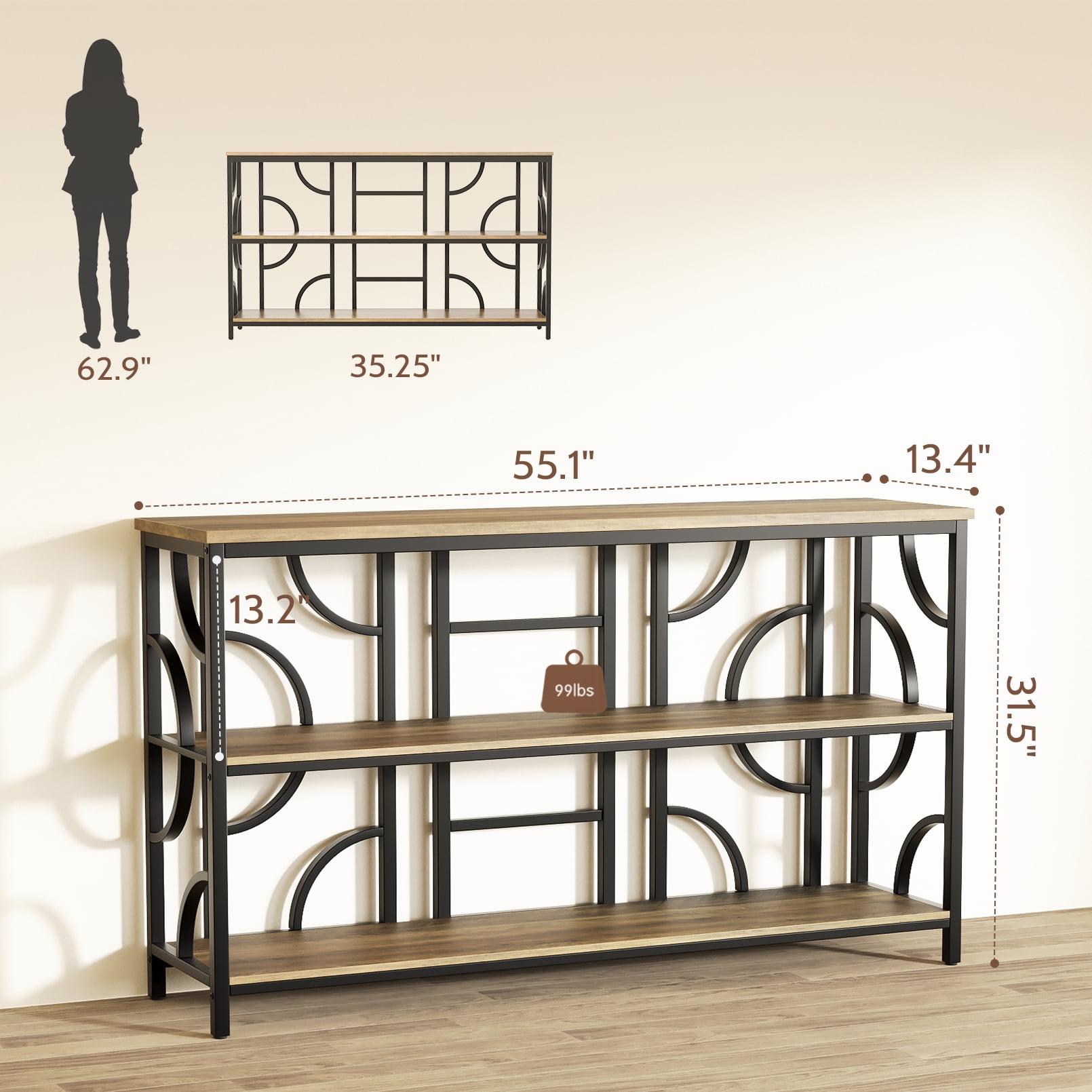 Vividwood 55'' Industrial Sofa Table, 3-Tier Storage Console Table with Unique Geometric Design, Behind Couch Accent Table for Entryway, Living Room, Foyer, Hallway, Office - Rustic Brown