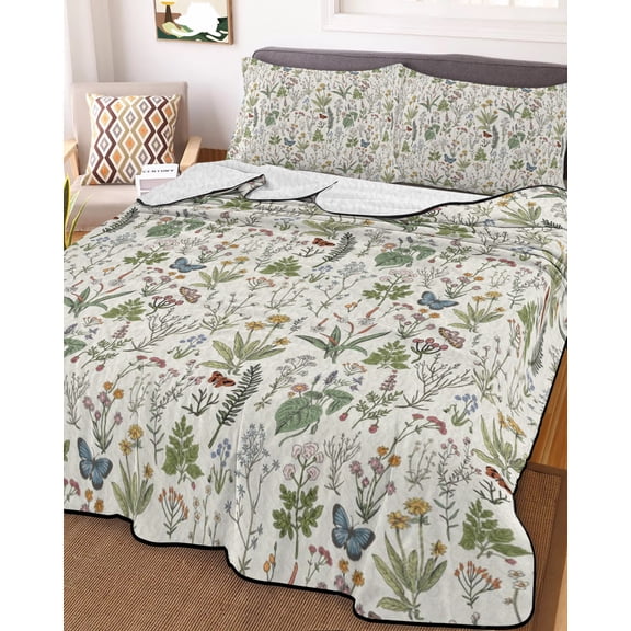 Botanical Queen Size Down Alternative Comforter, Lightweight Comforter Quilt Bedding Set with Pillow Shams Vintage Floral Wildflower Country Leaf Plant All Seasons Bed Comforter Duvet Insert 90"x96"