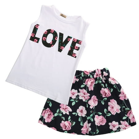 

2pcs Little Girls Letter Love Flower Clothing Sets Top+Short Skirt Kids Clothes