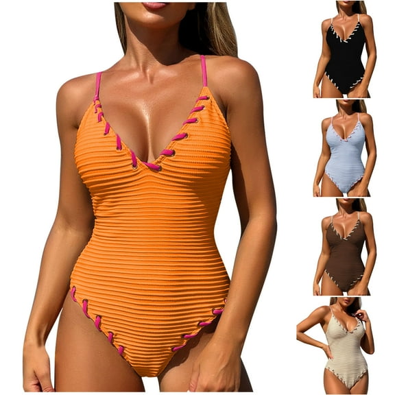 Summer Saving! Ashirexll One Piece Swimsuit Women, Bathing Suit for Women, Sexy Women's Plus Size Sing V-neck Backless Bikini Summer Casual Beach One-Piece Swimsuit