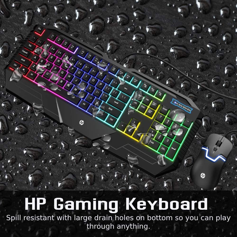 HP Spill-proof RGB Backlit Wired Ergonomic Gaming Keyboard and Mouse Combo, Anti-Ghosting Keys,