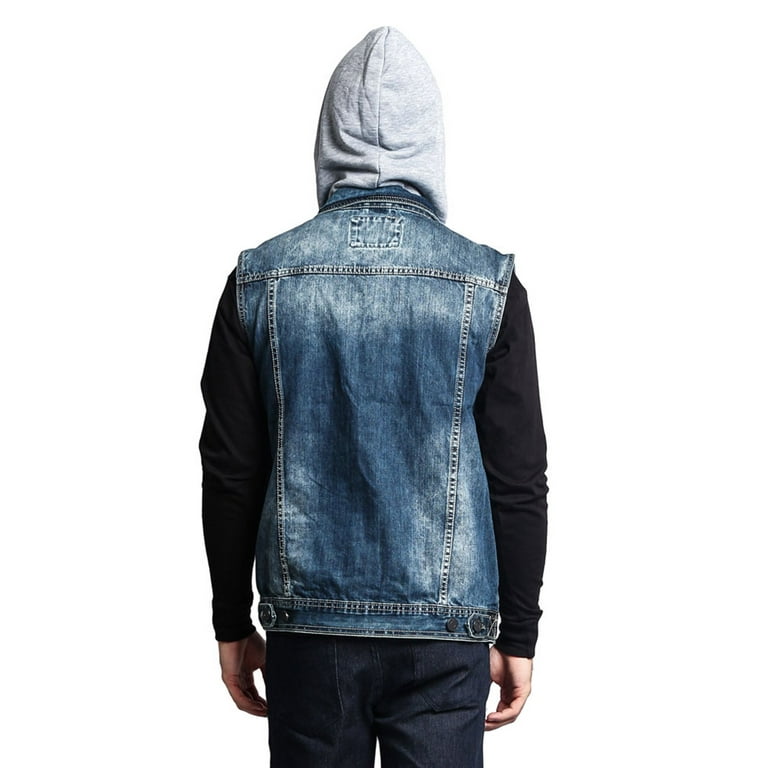 G-Style USA Men's Detachable Hood Denim Jean Vest DK108 - DARK