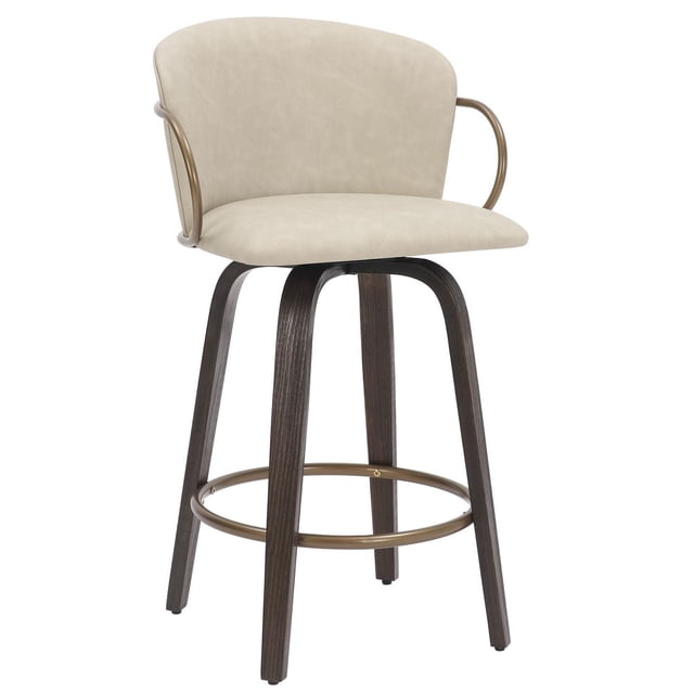 Mid-Century Faux Leather, Wood and Metal 26" Counter Stool with Swivel, Set of 2 - Ivory, Brown and Aged Gold