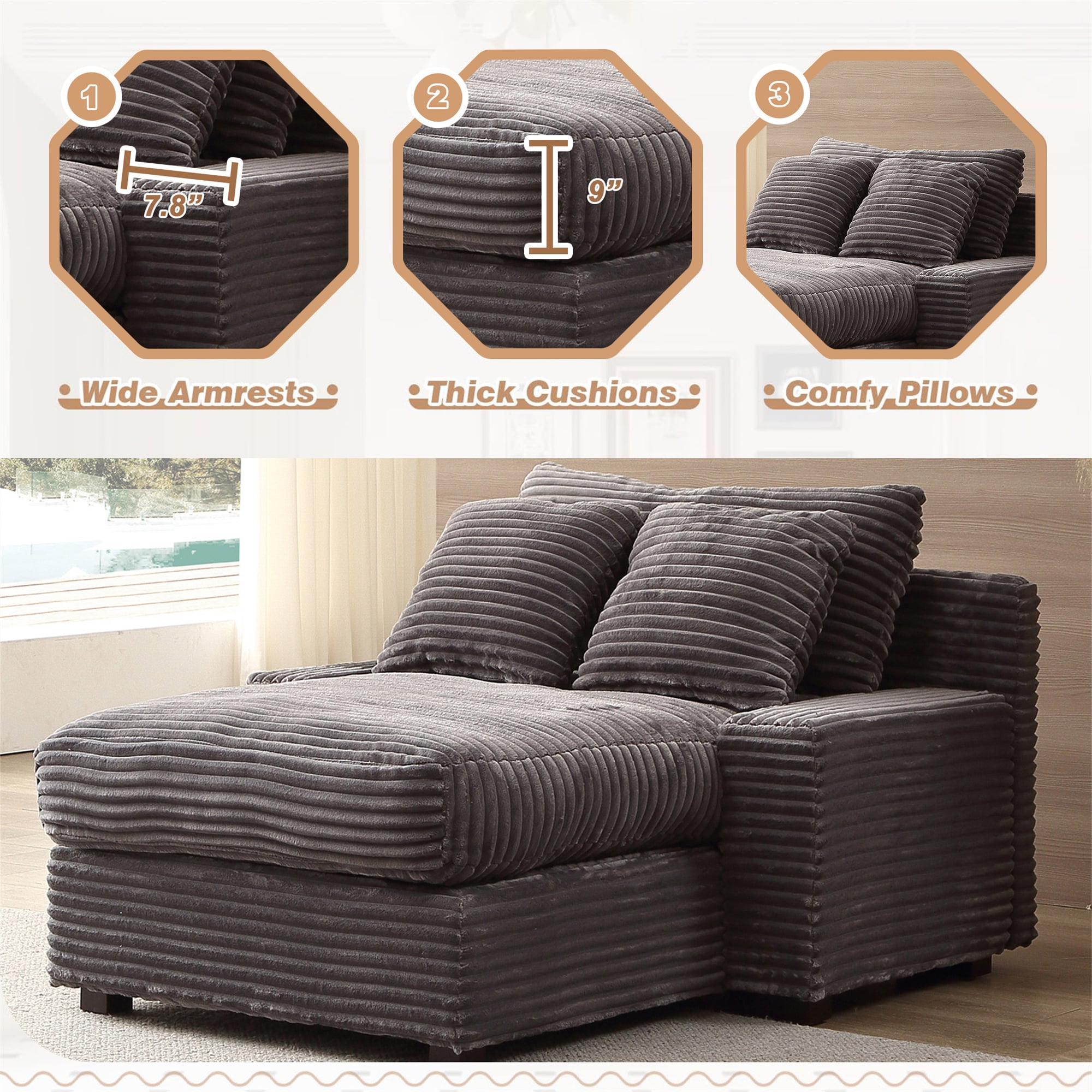 Aukfa 55 Inch Chaise Lounge Indoor, Oversized Corduroy Cloud Sofas Couches for Living Room, Gray