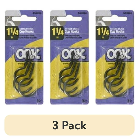(3 pack) Ook Cup Hooks, 1-1/4", 1 lbs, Screw Hooks, Steel, Black Vinyl, 40 pack