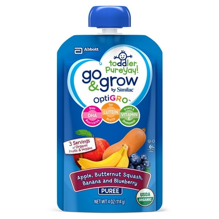Go & Grow by Similac Fruit and Veggie Pouches with OptiGRO™, Apple, Butternut Squash, Banana, Blueberry Puree, For Toddlers, Organic Baby Food, 4 ounces