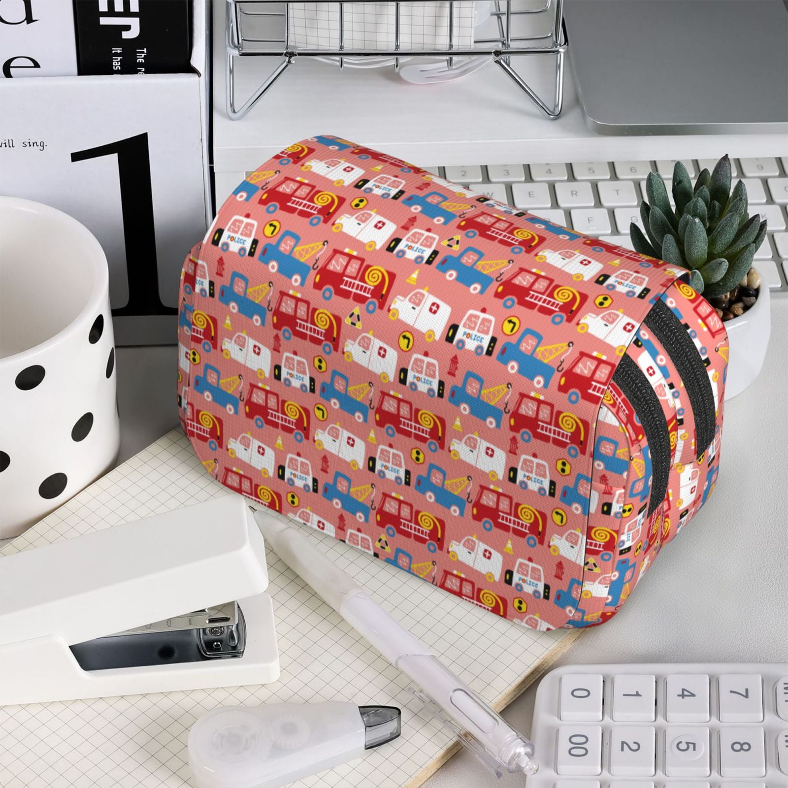 Rateoe Cartoon with Traffic Elements Pattern Double Clamshell Pen Case, Storage Organizer with Two Zipper Compartments– Holds Up to 50 Pencils & Pens