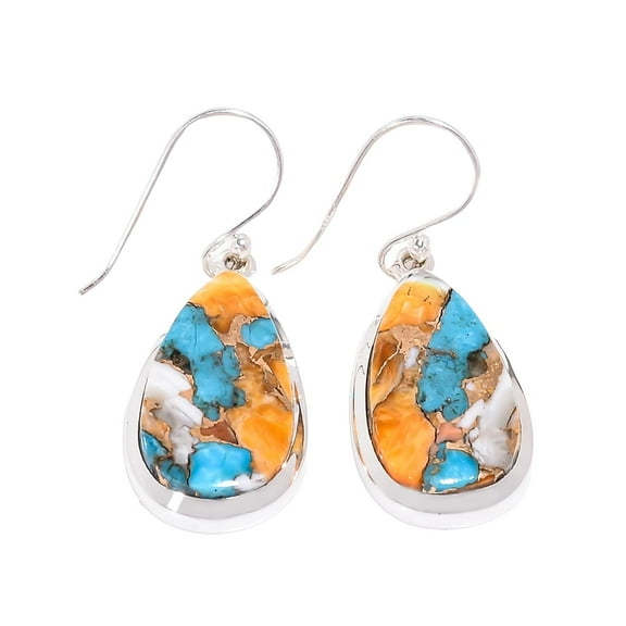 Natural Orange Spiny Oyster Turquoise Stone 925 Sterling Silver Handmade Dangle Earrings Jewelry Gift for Her