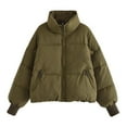 thumbnail image 2 of Jinhomg Womens Cropped Cotton Coat Fall Winter Comfy Long Sleeve Stand Collar Puffer Jacket Thermal Casual Solid Full-Zip Outerwear with Pockets Army Green L, 2 of 7