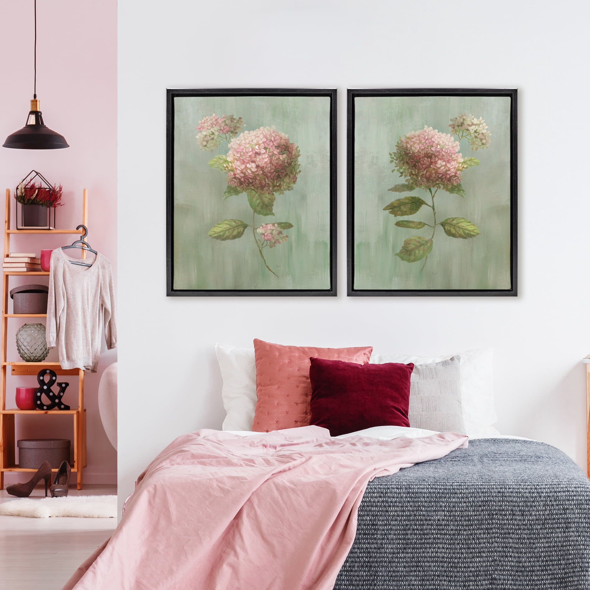Stupell Industries Aged Pink Hydrangeas 2 Piece Black Framed Floater Canvas Set, design by Nan