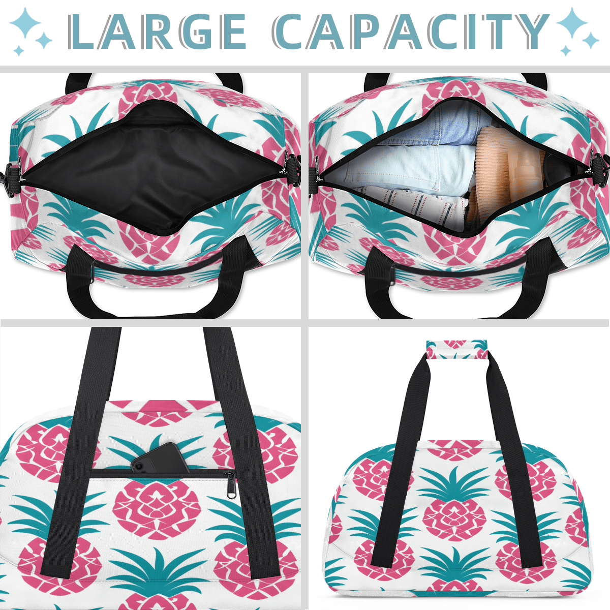 Herdesigns Pineapple Sports Duffle Bag for Women & Men, Gym Bag Dance Bag Overnight Bag Carry On Weekender Travel Bag