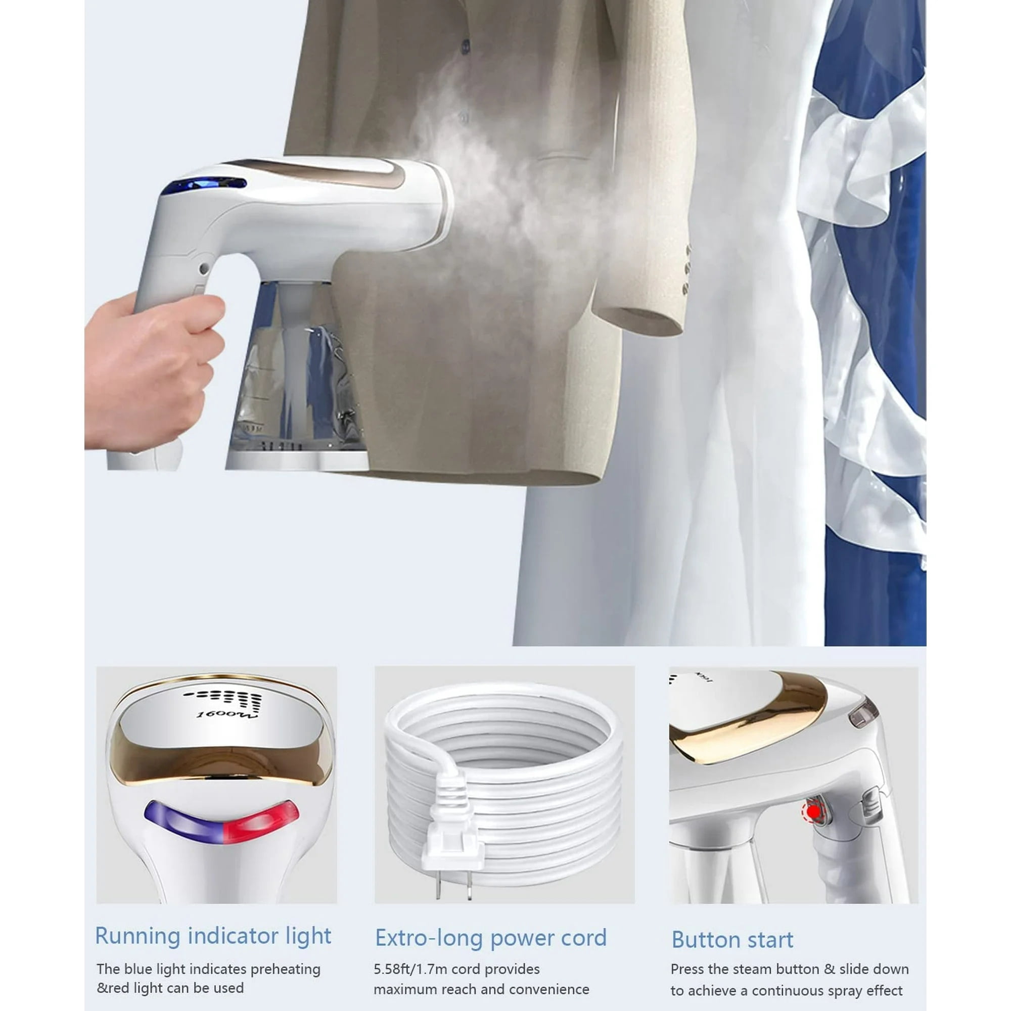 Sewnow Handheld Garment Steamer for Clothes, 1600W Fabric Steam Iron, Portable Clothing Wrinkles Remover for Home Travel, 20s Fast Heat Up, 250ML Detachable Water Tank