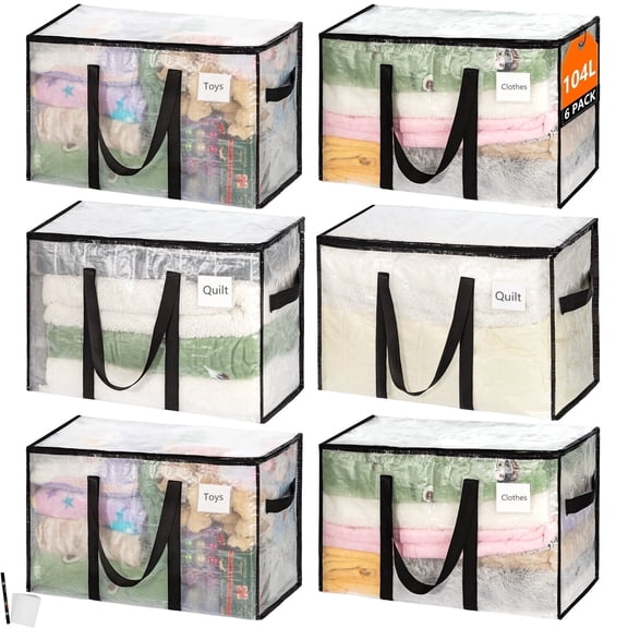 AcerichFad Moving Bags Heavy Duty, 6 Pack 104 L Extra Large Packing Storage Bags with Reinforced Handle Zipper for Moving Travel Camping College Supplies, Clear