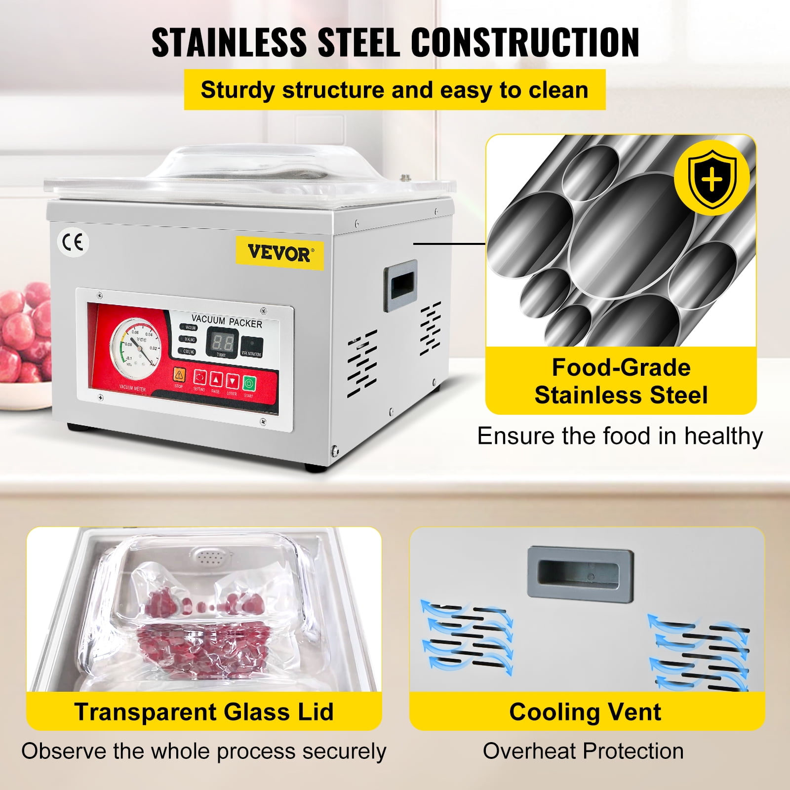 VEVOR Chamber Vacuum Sealer, DZ-260A 6.5 cbm/h Pump Rate, Excellent Sealing Effect with Automatic Control, Commercial Kitchen Foods Packaging Machine Used for Fresh Meats, Fruit Saver 110V