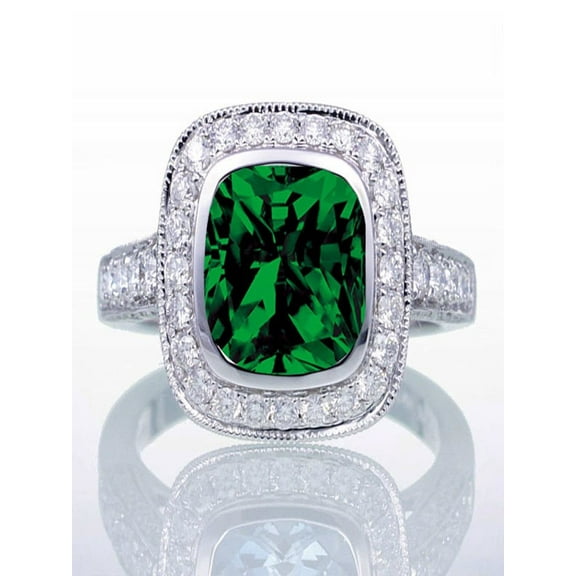 1.5 Carat Cushion Cut Emerald and Diamond Halo Vintage Engagement Ring for Women on 10k White Gold