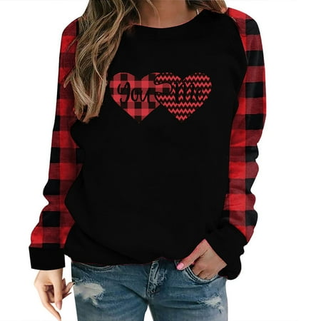 

LBECLEY Workout Short Sleeve Shirt Valentine s Day Long Sleeved Plaid Sleeve Love Printed Long Sleeved T Shirt Long Sleeve Pajama Tops for Women Polyester J Xxl