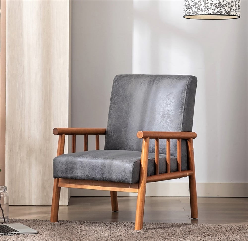 Mid Century Modern Accent Chair, 25" Wide Upholstered Armchair with Solid Wood Frame, Padded Seat & Arms, Dark Brown Lounge Chair for Living Room & Bedroom, Grey