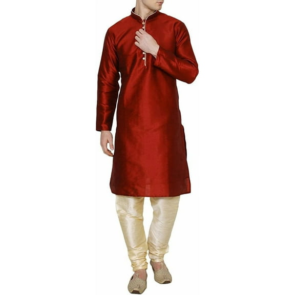 Royal Kurta Mens Loop Button Dupion Silk Kurta Churidaar Red