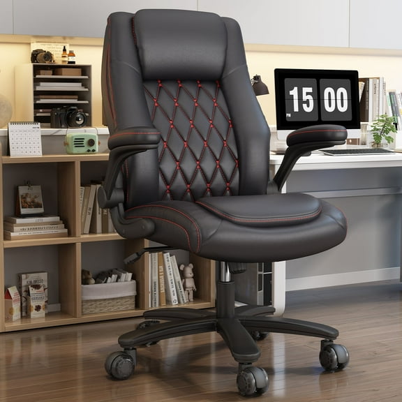 Solfway Big and Tall Office Chair 400LBS, High Back Black Leather Executive Office Chair, Computer Desk Chair with Adjustable Flip-up Arms, Wheels and Lumbar Support