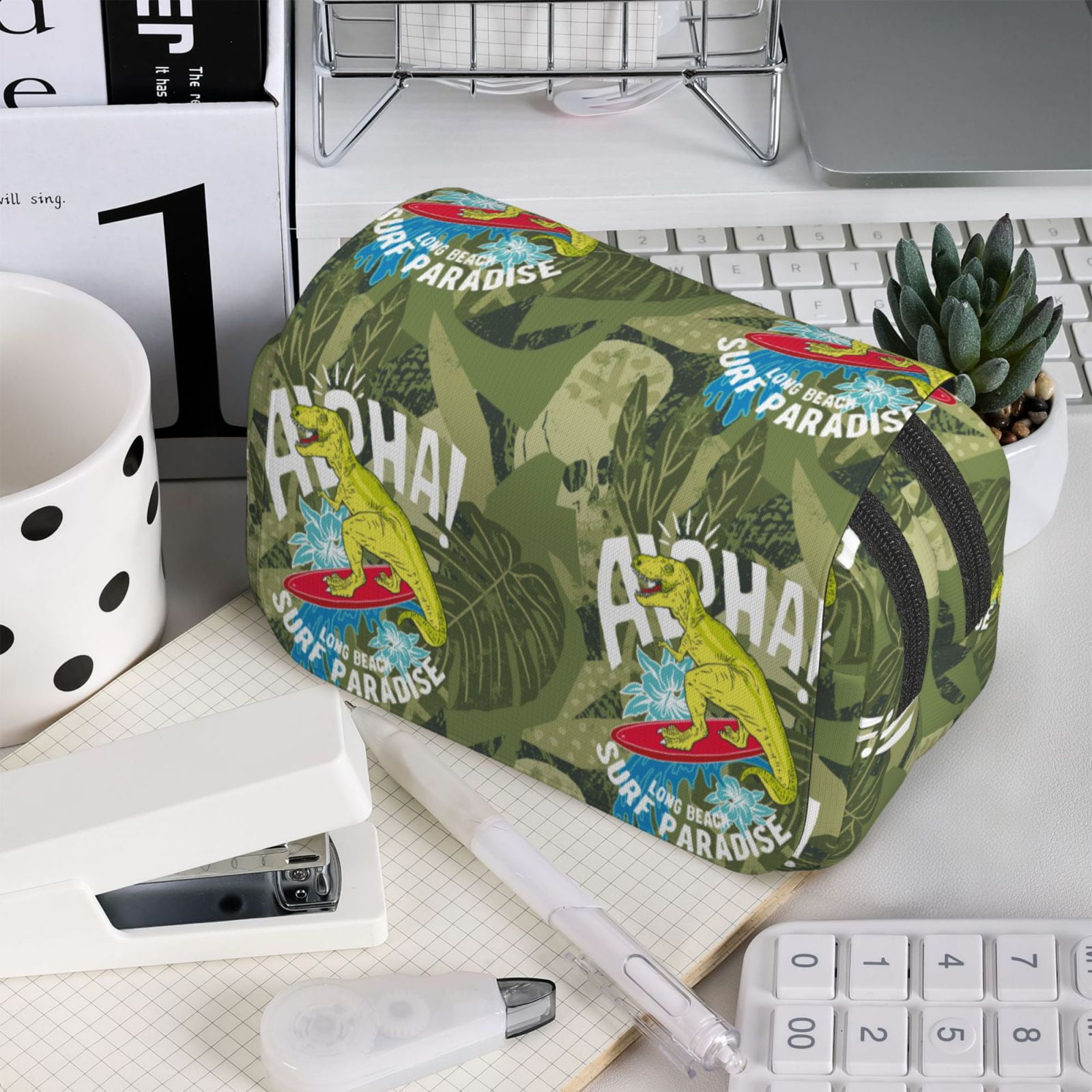 Rateoe Surfing Dinosaur Pattern Double Clamshell Pen Case, Storage Organizer with Two Zipper Compartments– Holds Up to 50 Pencils & Pens