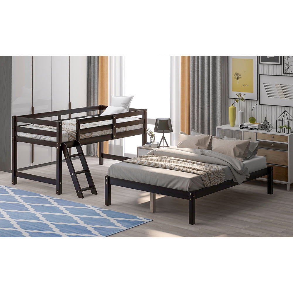 Kepooman Twin over Full Solid Wood Bunk Bed with Ladder for Bedroom Dorm, 79.5"L x 56.9"W x 59"H, Espresso Kepooman Twin over Full Solid Wood Bunk Bed with Ladder for Bedroom Dorm, 79.5"L x 56.9"W x 59"H, Espresso