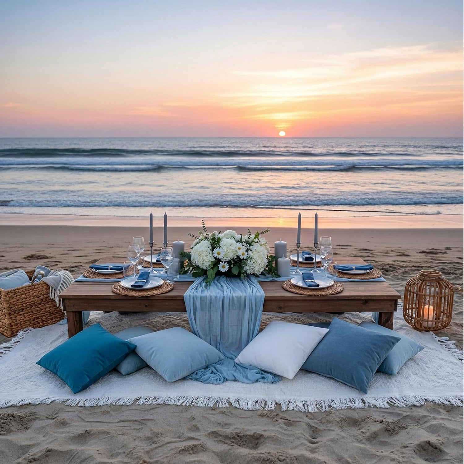 10 Pcs 71''x102'' Extra Large White Outdoor Boho Picnic Blanket with Table Runner 8 Blue Throw Pillow Cover Oversized Washable Portable Beach Blanket for Valentine Picnic Camp Lawn Wedding