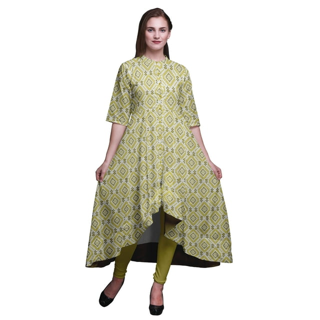 Bimba Robe Asymétrique Anarkali Kurti Imprimée Ikat Ethnique Jaune pour Femmes - Très Grande Taille