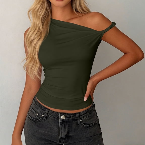 Roncen Women One Shoulder Ruched Crop Tank Tops Casual Off The Shoulder Twist Strap Summer Tanks Tops Going Out Crop Shirts